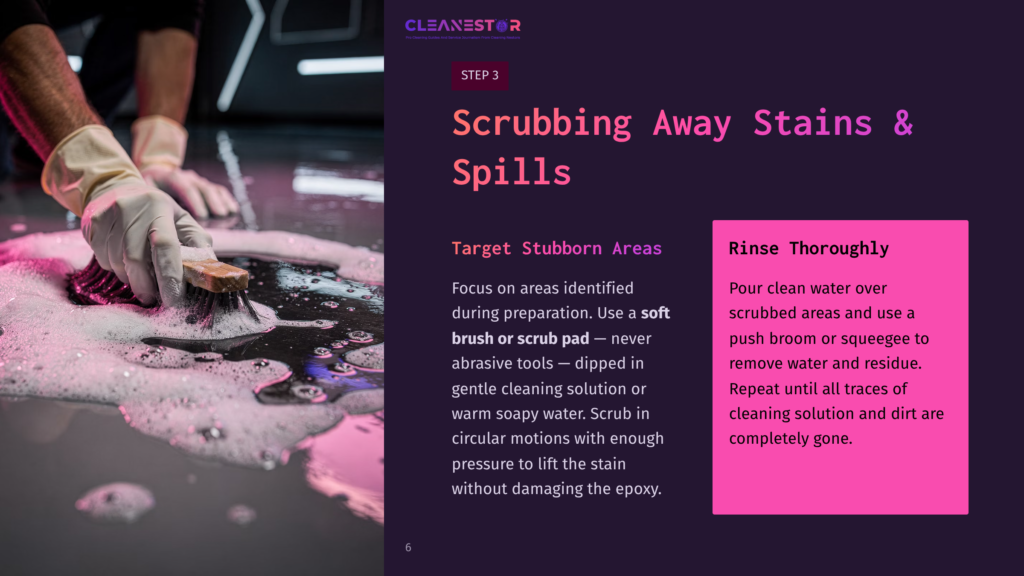 A Soft Brush Scrubs A Pink Epoxy Floor, Surrounded By Soapy Water. Text Highlights Stain Removal Tips And Thorough Rinsing Instructions.