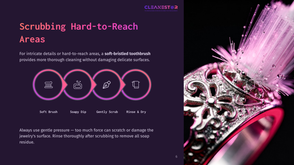 A Pink And Silver Jewelry Piece With Intricate Details, Alongside Icons For Soapy Dip, Gentle Scrub, And Rinse Steps On A Dark Background.