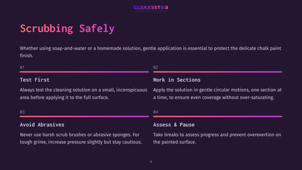 Instructions On Cleaning Chalk-Painted Furniture, Featuring Bullet Points With A Dark Background, Purple And White Text, And Sections Highlighted In Pink.