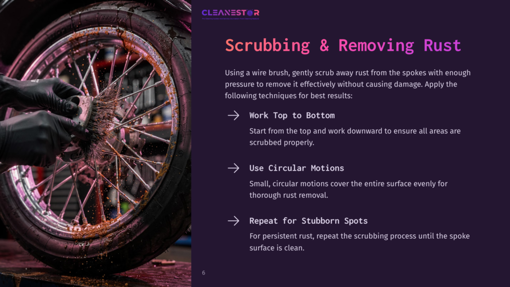 6 Scrubbing And Removing Rust Close-Up Of A Gloved Hand Using A Wire Brush To Scrub Rust From Motorcycle Spokes And Rim. The Text &Quot;Cleanestor&Quot; Is Visible.