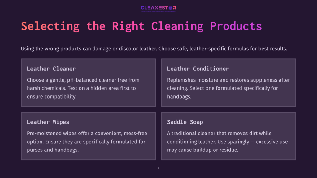 Information On Selecting Appropriate Cleaning Products For Leather Purses, Featuring Headings In Bold Colors And Descriptions Of Various Cleaners.