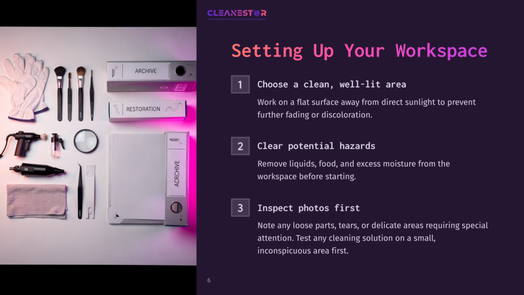 Workspace Setup For Photo Restoration With Labeled Steps. Features A Clean Layout, White Tools, And Purple Background Lighting.