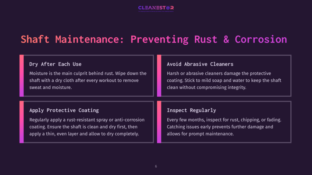 6 Shaft Maintenance Preventing Rust And Corrosion Four Rectangular Sections With Purple Backgrounds Highlight Tips For Barbell Maintenance, Using White Text And Clear Icons.