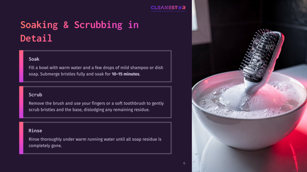 6 Soaking And Scrubbing In Detail A Close-Up Shot Shows A Brush With Bristles Covered In White Soap Suds Being Soaked In A White Bowl Filled With Warm, Soapy Water. The Image Illustrates The &Quot;Soaking &Amp; Scrubbing&Quot; Cleaning Process.