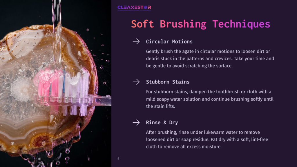 A Close-Up Of Agate Being Cleaned With A Toothbrush, Surrounded By Water Droplets, With Instructions On Brushing Techniques And Stain Removal.