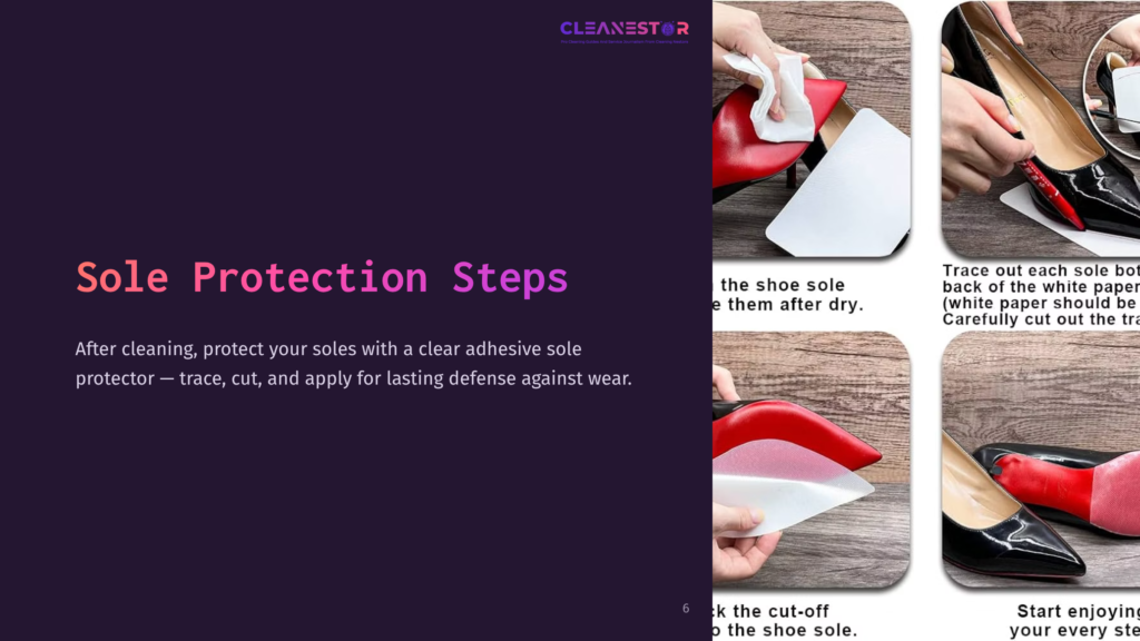 A Person'S Hands Are Cleaning The Red Sole Of A Shoe With A White Cloth, Alongside Instructions And A Cut-Out Sole Protector.