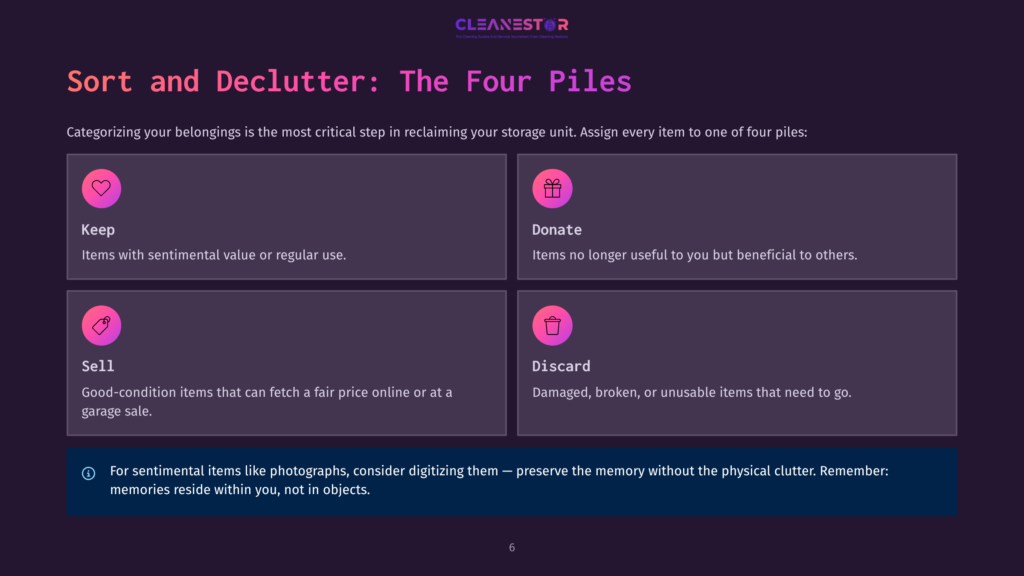 Infographic Titled &Quot;Sort And Declutter: The Four Piles&Quot; Showing Four Categories For Belongings: Keep, Donate, Sell, And Discard, With Icons And Brief Descriptions.