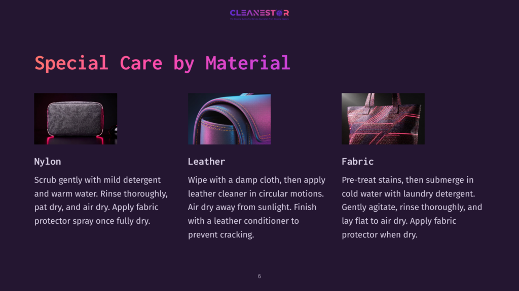 Instructions For Cleaning Kipling Bags, Featuring Sections For Nylon, Leather, And Fabric Care With Tip Details In A Purple Layout.