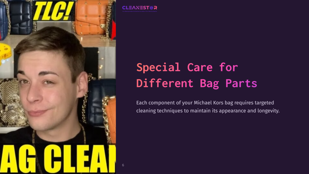 A Young Man Makes A Playful Face Next To Various Michael Kors Bags, Emphasizing The Importance Of Specialized Cleaning Techniques.