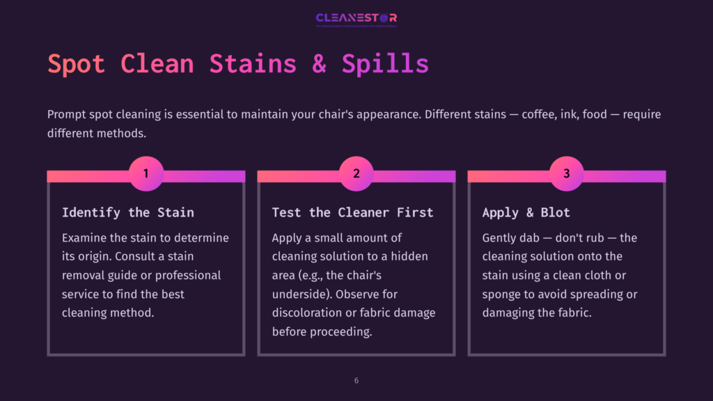 Three-Step Infographic On Cleaning Stains From An Office Chair, Featuring Vibrant Purple Background, White Text, And Instructional Icons.