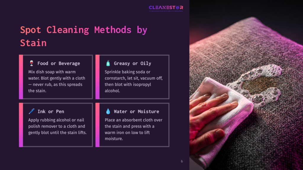 6 Spot Cleaning Methods By Stain Close-Up Of A Hand Gently Blotting A Damp, Textured Fabric With A White Cloth, Showing A Small Amount Of Suds And Moisture. The Image Illustrates Stain Cleaning Methods.