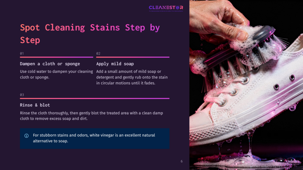 6 Spot Cleaning Stains Step By Step White Canvas Sneaker Being Scrubbed With A Brush And Soap Suds, Demonstrating A Step In The Spot Cleaning Stains Process.