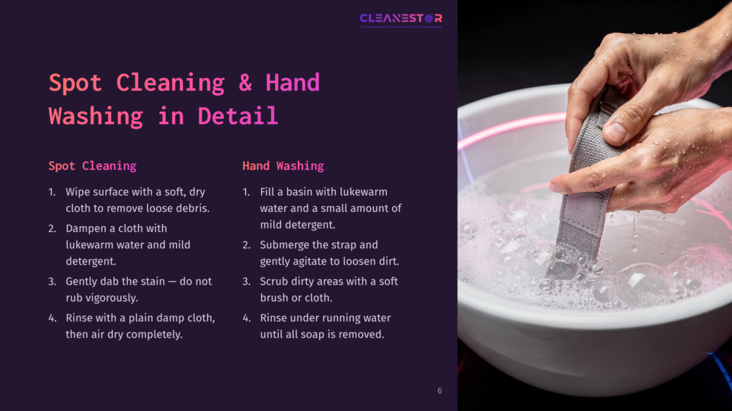 Close-Up Of Hands Gently Scrubbing A Grey Fabric Strap In A Bowl Of Soapy Water, Illustrating A Spot Cleaning And Hand Washing Guide With Text Overlays.