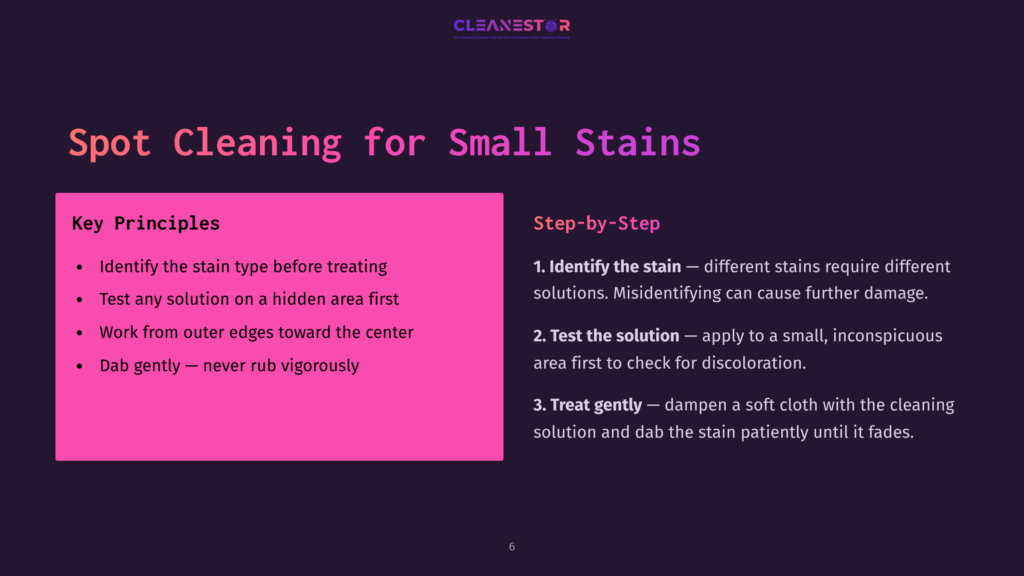 Purple And Pink Slide With Text Outlining Principles For Cleaning Small Stains, Featuring A Clear Step-By-Step Guide On Treatment Techniques.