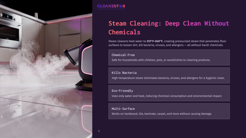 A Steam Cleaner On A Light-Colored Floor, Emitting Steam, With A Pink And Purple Backdrop Highlighting Its Features.
