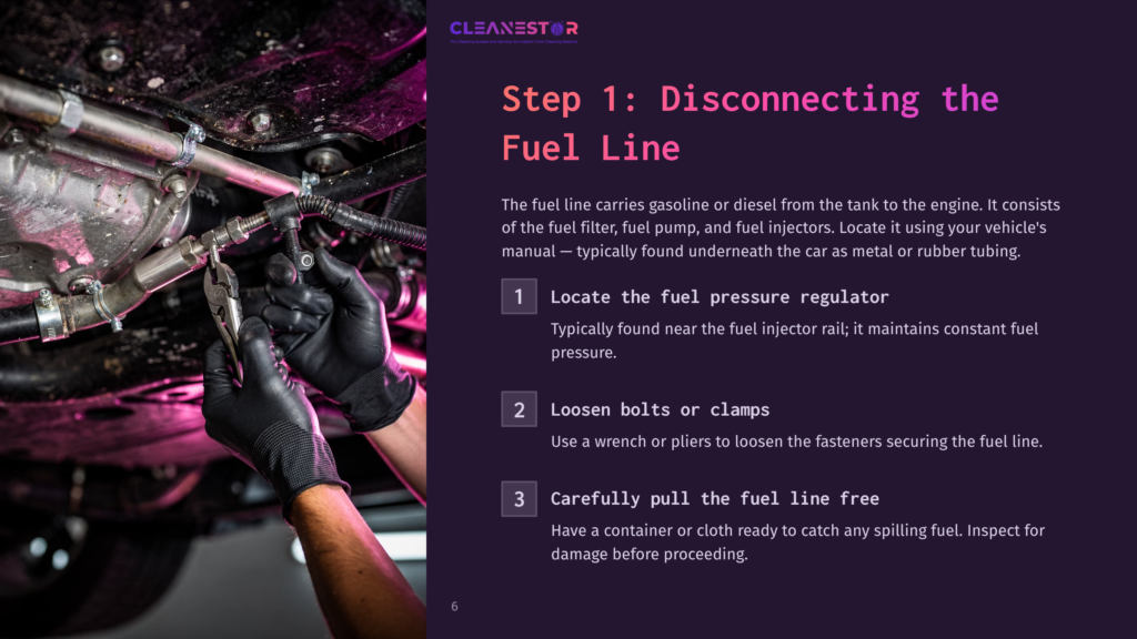 A Mechanic'S Hands Disconnect A Fuel Line Under A Vehicle, With Tools Nearby And A Dark, Colorful Background Highlighting The Area.