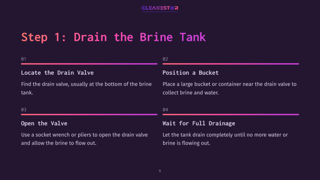 Step-By-Step Guide For Draining A Brine Tank: 1. Locate The Drain Valve At The Bottom Of The Tank. 2. Position A Large Bucket To Collect Brine. 3. Open The Valve With A Wrench Or Pliers. 4. Wait For The Tank To Completely Drain.