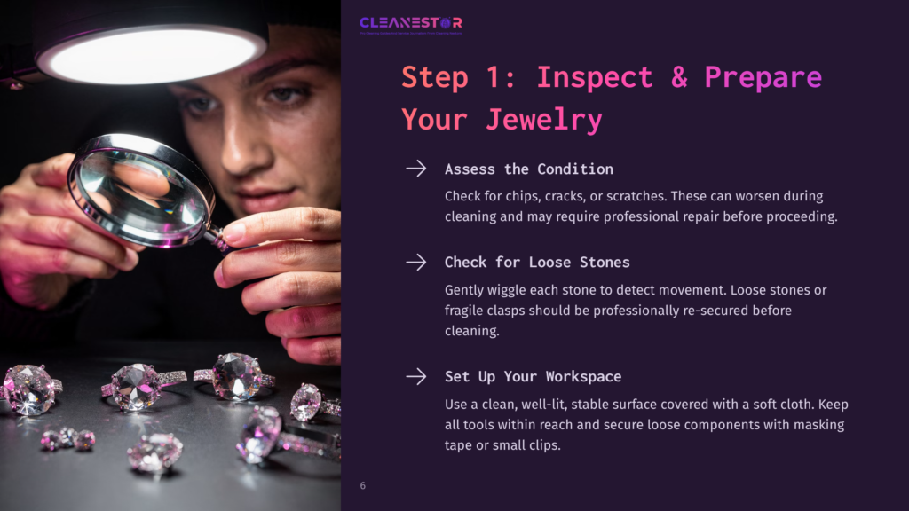 A Person Inspects Crystal Jewelry Under A Magnifying Lamp, Using A Magnifying Glass, With Pink And Purple Lighting Accents.