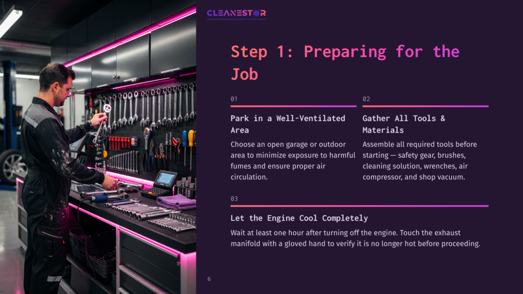 A Mechanic In A Gray Jumpsuit Inspects A Wall Of Tools In A Brightly Lit Garage, With &Quot;Cleanestor&Quot; And &Quot;Step 1: Preparing For The Job&Quot; Text Visible.