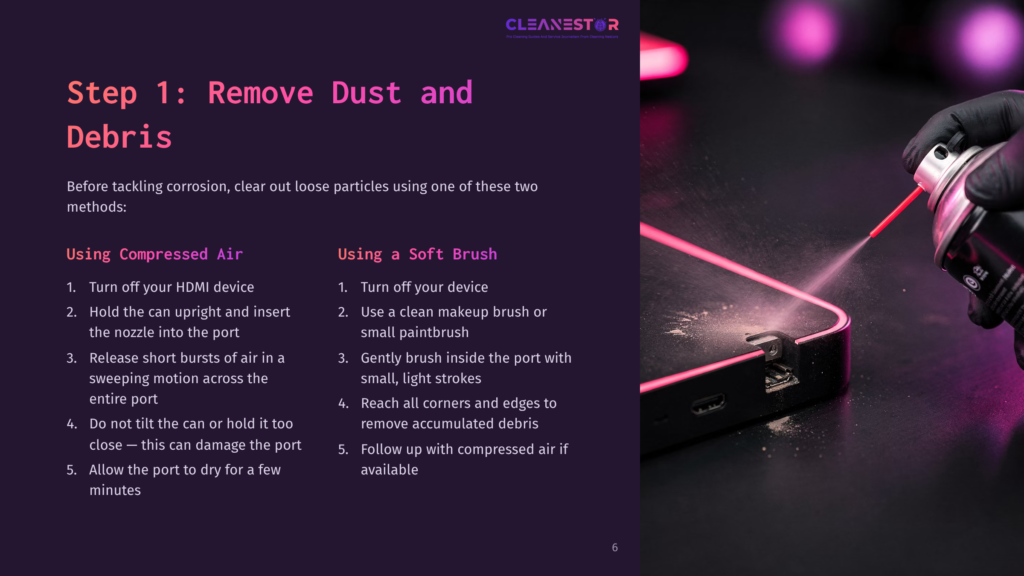 A Gloved Hand Sprays Compressed Air Onto A Device'S Port, Clearing Away Dust And Debris. The Text &Quot;Step 1: Remove Dust And Debris&Quot; Is Visible.