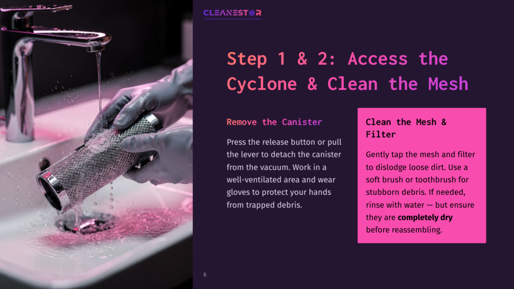 Close-Up Of A Person Cleaning A Dyson Mesh Filter Under Running Water, With Tools Like A Toothbrush Nearby, Set Against A Purple Background.