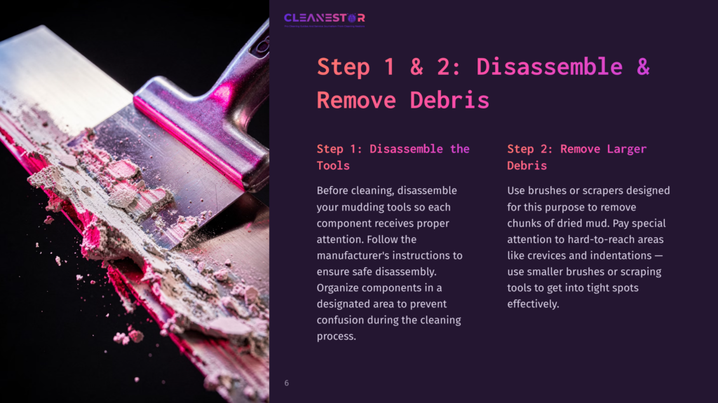 A Close-Up Of A Metal Mudding Tool Covered In Pink Mud, With Text Instructions On Disassembling And Cleaning Tools Alongside It.