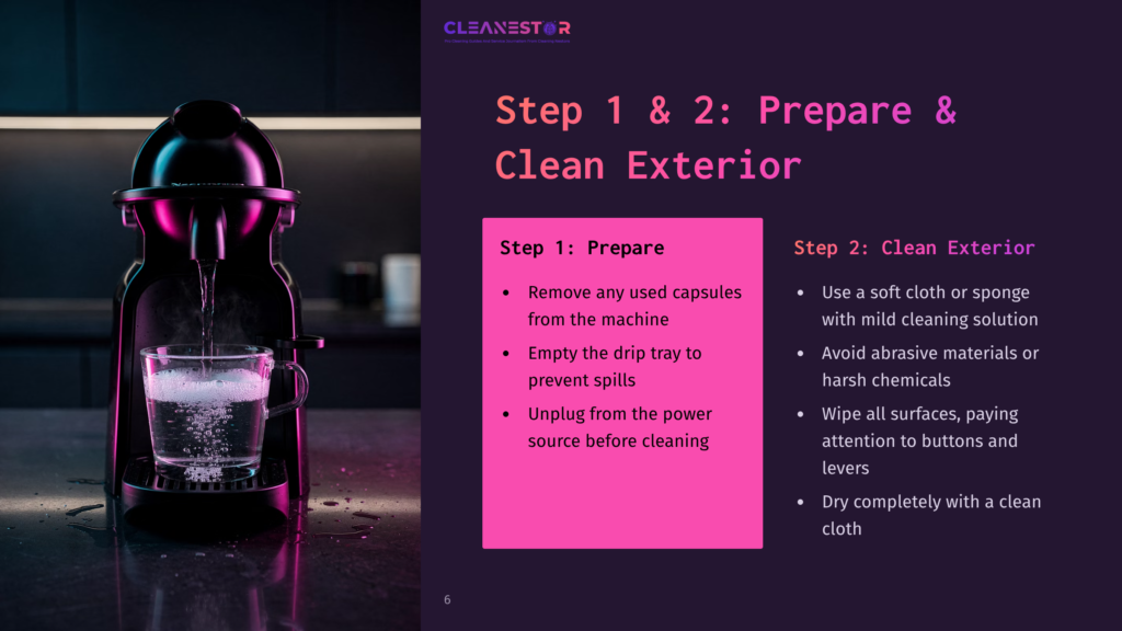 Black Nespresso Inissia Machine With Water In The Drip Tray On A Dark Countertop, Accompanied By Cleaning Instructions In Purple And White Text.