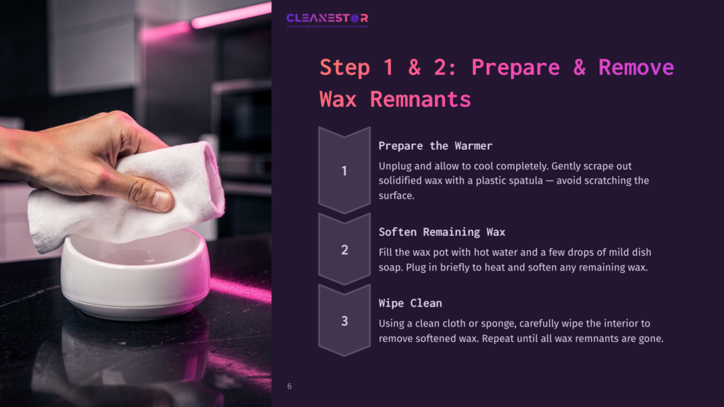 A Hand Holding A White Cloth Wipes The Interior Of A Wax Warmer, Next To Step-By-Step Instructions In Purple And White Text.