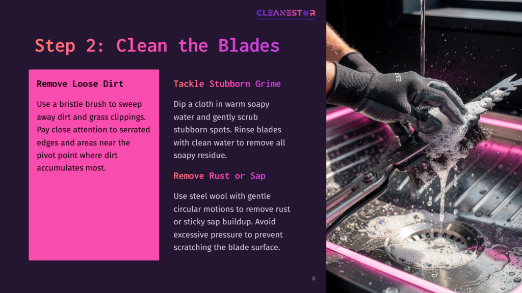 A Person Wearing Gloves Cleans Hedge Shears With A Cloth, Surrounded By Clean Tools And A Pink-Lit Work Surface.