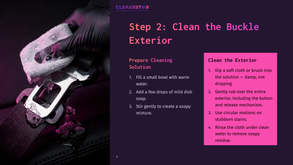 Close-Up Of A Hand Holding A Seat Belt Buckle While Cleaning It With A Cloth, Alongside Step-By-Step Instructions And A Cleaning Solution.