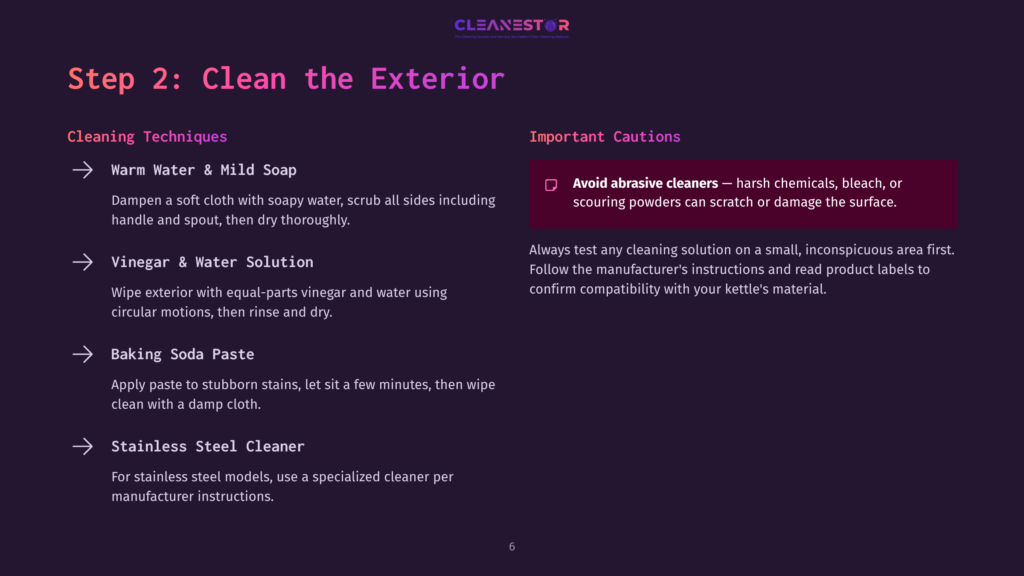 Instructions For Cleaning A Kettle With Icons And Text In Purple And White. Includes Cautions Against Abrasive Cleaners And Methods Using Soap And Vinegar.
