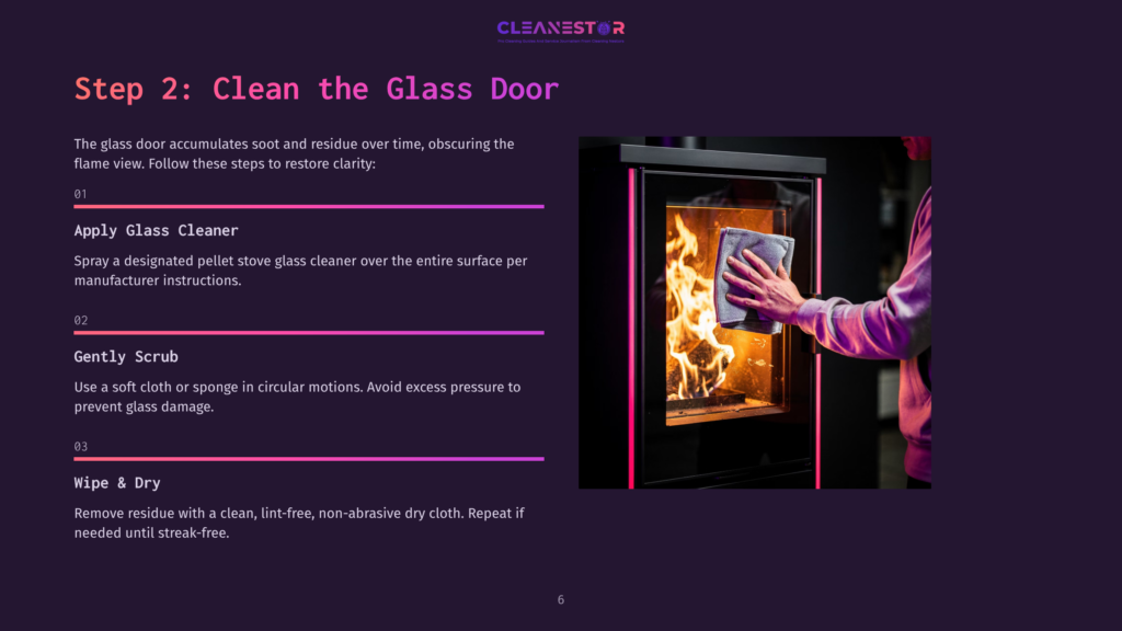 A Person In A Purple Hoodie Cleans A Glass Fireplace Door With A Grey Cloth, Revealing A Bright, Roaring Fire Inside.