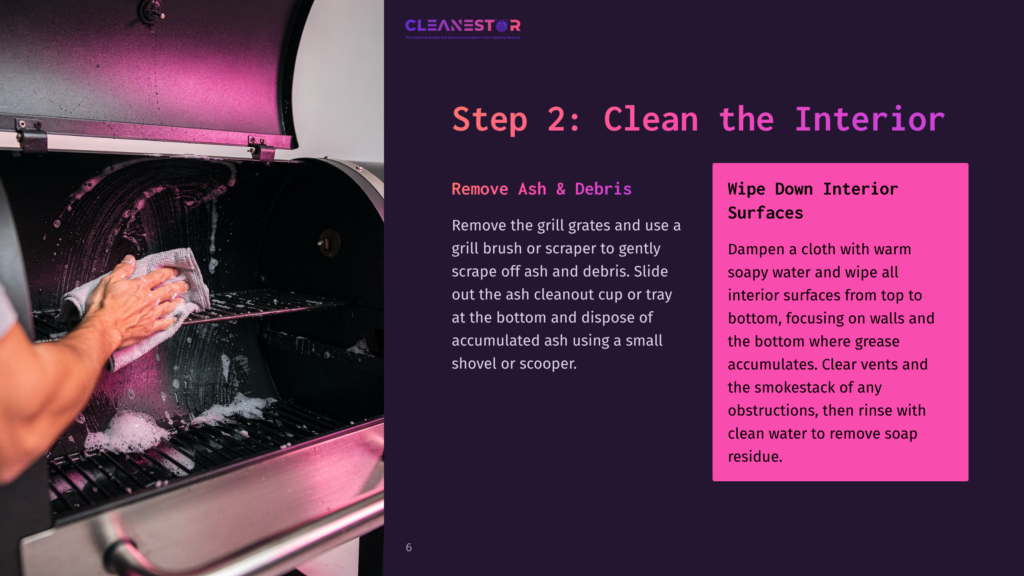 A Person&Amp;Apos;S Hands Wearing A White Cloth Wipe Down The Greasy Interior Of A Dark Grill, Removing Ash And Debris. The Words &Quot;Cleanestor&Quot; And &Quot;Step 2: Clean The Interior&Quot; Are Visible.