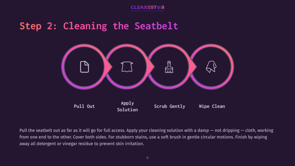 Step 2: Cleaning The Seatbelt. Four Circular Icons Illustrate Seatbelt Cleaning Steps: Pull Out, Apply Solution, Scrub Gently, Wipe Clean.