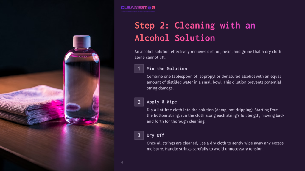 Step 2: Cleaning With An Alcohol Solution. A Bottle Of Clear Alcohol Solution Sits Next To A Folded Gray Microfiber Cloth On A Wooden Table.