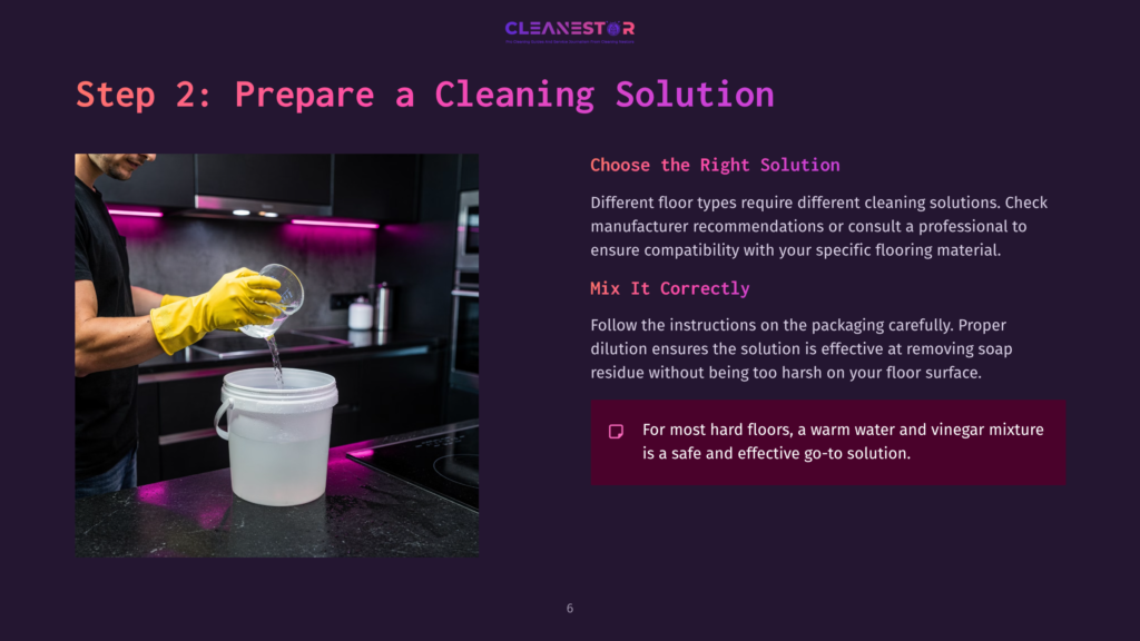 A Person Wearing Yellow Gloves Is Mixing A Cleaning Solution In A White Bucket On A Dark Countertop, With A Text Overlay Outlining Instructions.