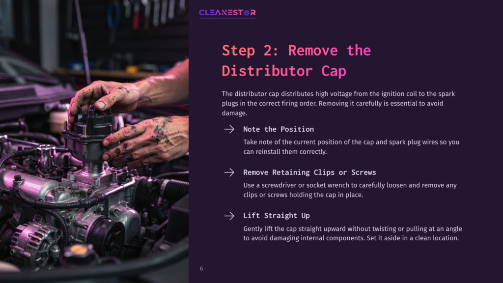 Hands Removing A Distributor Cap From An Engine, With A Focus On Retaining Clips And The Proper Positioning Of Spark Plug Wires.