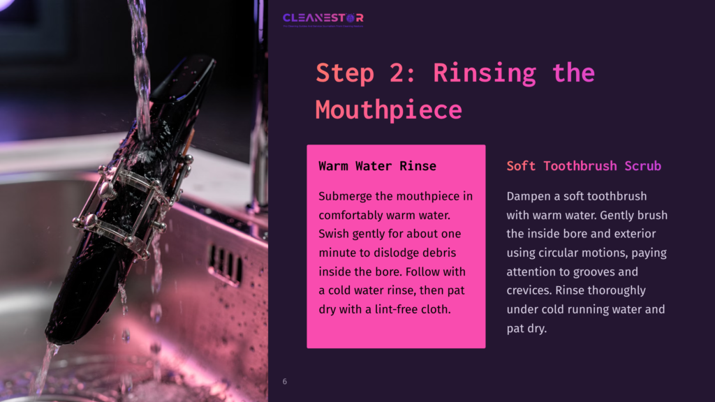 6 Step 2 Rinsing The Mouthpiece Close-Up Of A Clarinet Mouthpiece Being Rinsed Under A Stream Of Water In A Sink, With Pink And Purple Lighting. Text Overlay Reads: &Quot;Step 2: Rinsing The Mouthpiece. Warm Water Rinse. Soft Toothbrush Scrub.