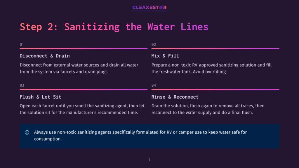 Step 2: Sanitizing The Water Lines. A Graphic With Four Numbered Steps: 1. Disconnect &Amp; Drain, 2. Mix &Amp; Fill, 3. Flush &Amp; Let Sit, 4. Rinse &Amp; Reconnect. The Text Also States: Always Use Non-Toxic Sanitizing Agents Specifically Formulated For Rv Or Camper Use To Keep Water Safe For Consumption.