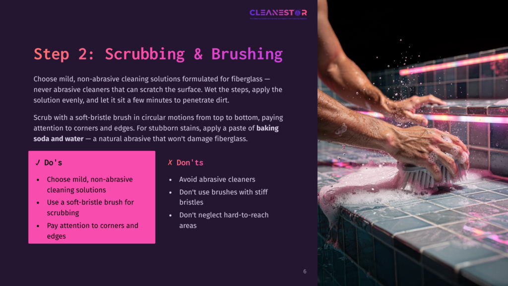 6 Step 2 Scrubbing And Brushing Hands Scrub A Tiled Surface With A Soft-Bristle Brush And Pink Foam, With Neon Pink Lights In The Background. Text On The Left Reads &Quot;Step 2: Scrubbing &Amp; Brushing&Quot; And &Quot;Do'S&Quot; And &Quot;Don'Ts&Quot; For Cleaning.