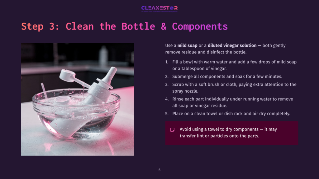 Step 3: Clean The Bottle &Amp; Components. A White Spray Bottle Nozzle And Its Components Are Submerged In A Clear Bowl Of Soapy Water With Bubbles, Ready For Cleaning.