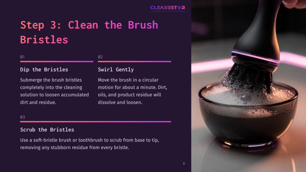 Step 3: Clean The Brush Bristles. A Black Cleaning Brush With A Purple Light Ring Is Being Swirled In A Glass Bowl Filled With Soapy Water, Creating A Rich Lather.
