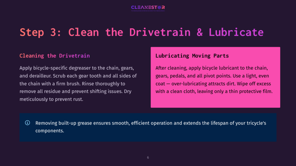 Step 3: Clean The Drivetrain &Amp; Lubricate. Instructions For Cleaning Bike Chains, Gears, And Derailleurs With Degreaser And A Brush, Followed By Lubricating Moving Parts With Bike Lubricant And Wiping Off Excess.