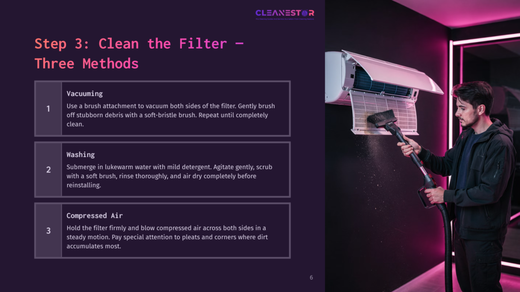 Instructions For Cleaning An Ac Filter, Featuring A Vacuum, Washing Materials, And A Compressed Air Tool, With A Modern, Purple Layout.
