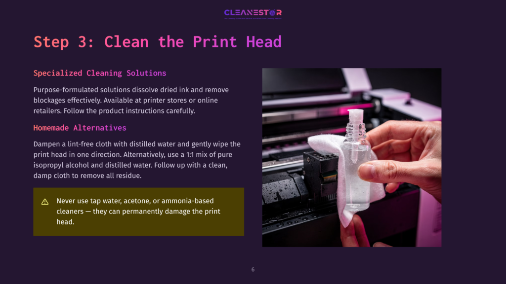 6 Step 3 Clean The Print Head Close-Up Of A Hand Holding A Lint-Free Cloth Dampened With Cleaning Solution Over A Printer Head, Ready To Clean The Specialized Cleaning Solution Dispenser.