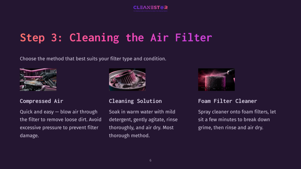 Instructions For Cleaning An Air Filter, Featuring A Dark Purple Background, With Three Sections: Compressed Air, Cleaning Solution, And Foam Filter Cleaner, Each With Bullet Points.
