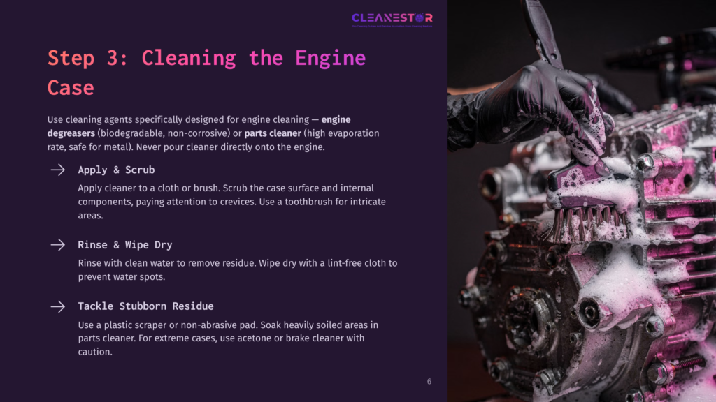 6 Step 3 Cleaning The Engine Case A Close-Up Of A Mechanic&Amp;Apos;S Hands Cleaning A Metallic Atv Engine Case With A Brush, Surrounded By Tools And Cleaning Supplies.