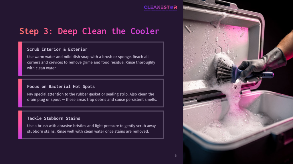 Close-Up Of A Cooler With Sudsy Water, A Brush Scrubbing The Interior, And Bubbles Surrounding The Cooler'S Edges And Lid.