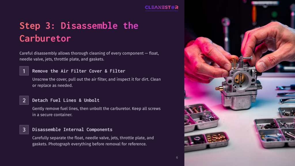 A Disassembled Carburetor With Labeled Parts, Including The Air Filter Cover, Fuel Lines, And Internal Components, On A Dark Background.