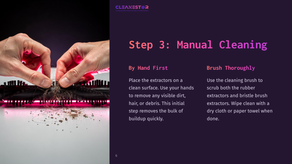 Close-Up Of Hands Manually Cleaning Hair And Debris From A Brush Roll Of A Cleaning Device, With Text Overlay &Quot;Step 3: Manual Cleaning&Quot;.